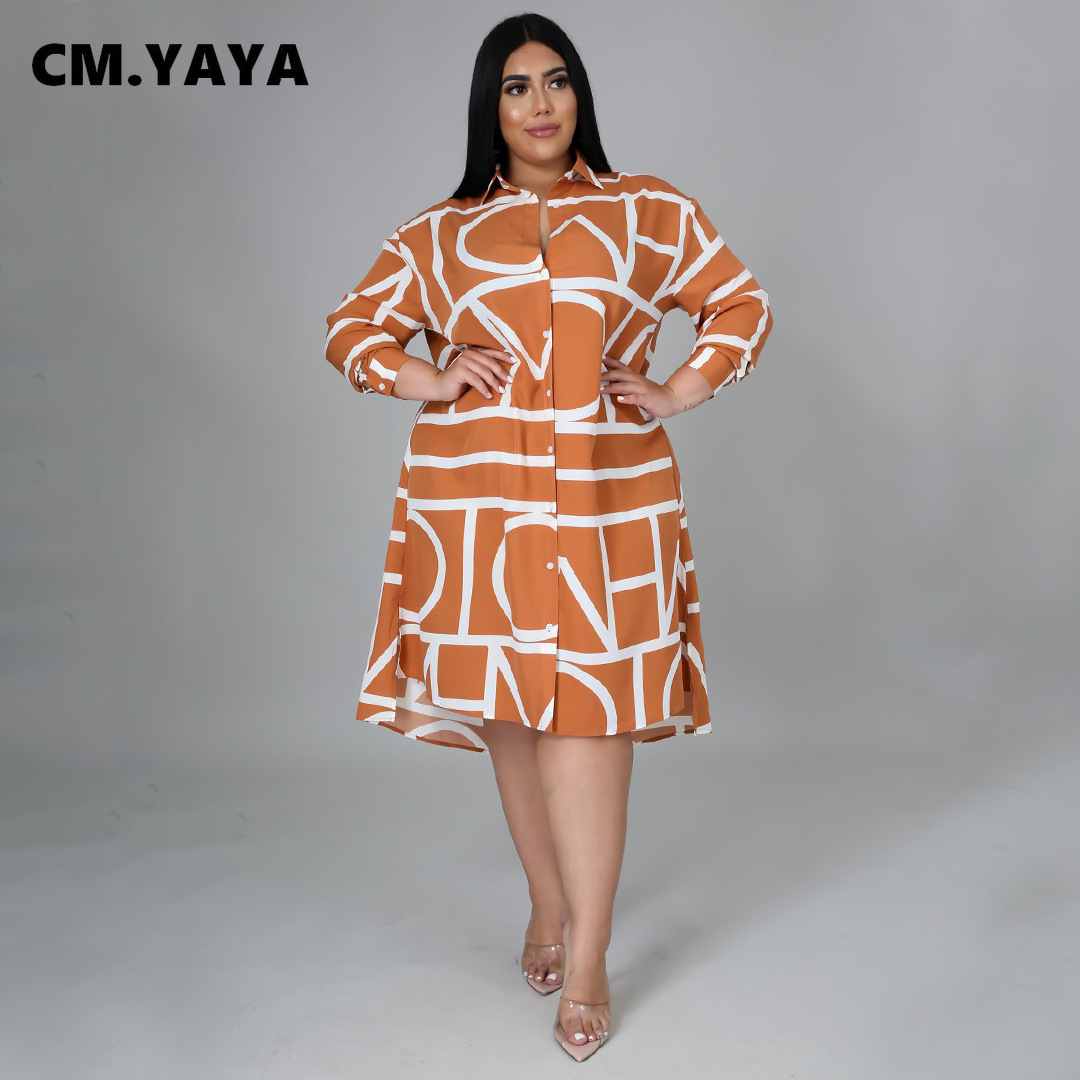 CM.YAYA Women Plus Size Dress Print Full Sleeve Single Breasted Loose Straight Knee Length Dresses Fashion Casual Outfit Summer CM.YAYA Women Plus Size Dress Print Full Sleeve Single Breasted Loose Straight Knee Length Dresses Fashion Casual Outfit Summer
