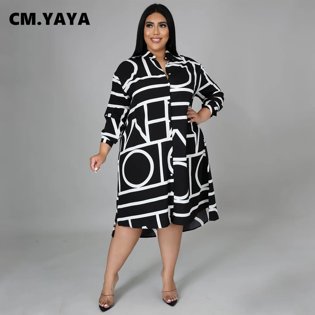 CM.YAYA Women Plus Size Dress Print Full Sleeve Single Breasted Loose Straight Knee Length Dresses Fashion Casual Outfit Summer