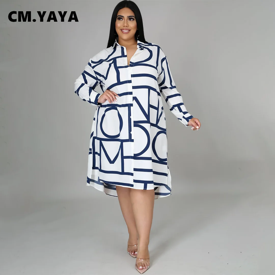 CM.YAYA Women Plus Size Dress Print Full Sleeve Single Breasted Loose Straight Knee Length Dresses Fashion Casual Outfit Summer