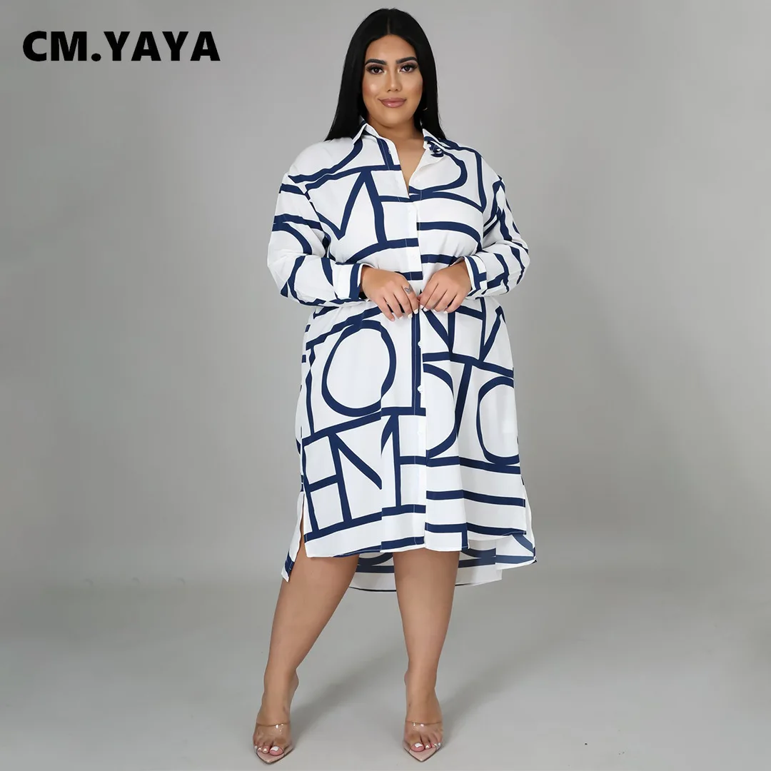 CM.YAYA Women Plus Size Dress Print Full Sleeve Single Breasted Loose Straight Knee Length Dresses Fashion Casual Outfit Summer
