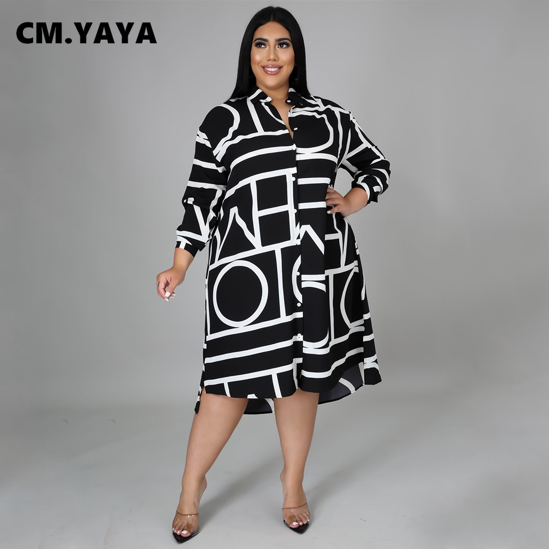CM.YAYA Women Plus Size Dress Print Full Sleeve Single Breasted Loose Straight Knee Length Dresses Fashion Casual Outfit Summer CM.YAYA Women Plus Size Dress Print Full Sleeve Single Breasted Loose Straight Knee Length Dresses Fashion Casual Outfit Summer