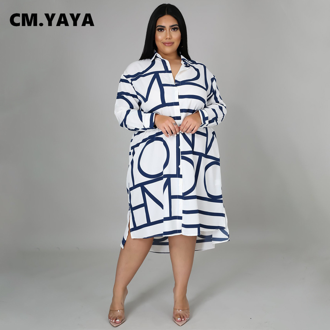 CM.YAYA Women Plus Size Dress Print Full Sleeve Single Breasted Loose Straight Knee Length Dresses Fashion Casual Outfit Summer CM.YAYA Women Plus Size Dress Print Full Sleeve Single Breasted Loose Straight Knee Length Dresses Fashion Casual Outfit Summer