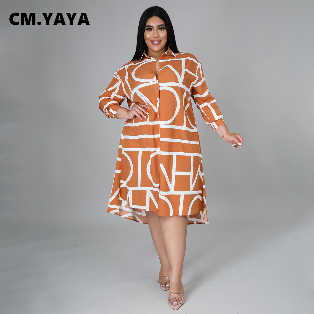 CM.YAYA Women Plus Size Dress Print Full Sleeve Single Breasted Loose Straight Knee Length Dresses Fashion Casual Outfit Summer CM.YAYA Women Plus Size Dress Print Full Sleeve Single Breasted Loose Straight Knee Length Dresses Fashion Casual Outfit Summer
