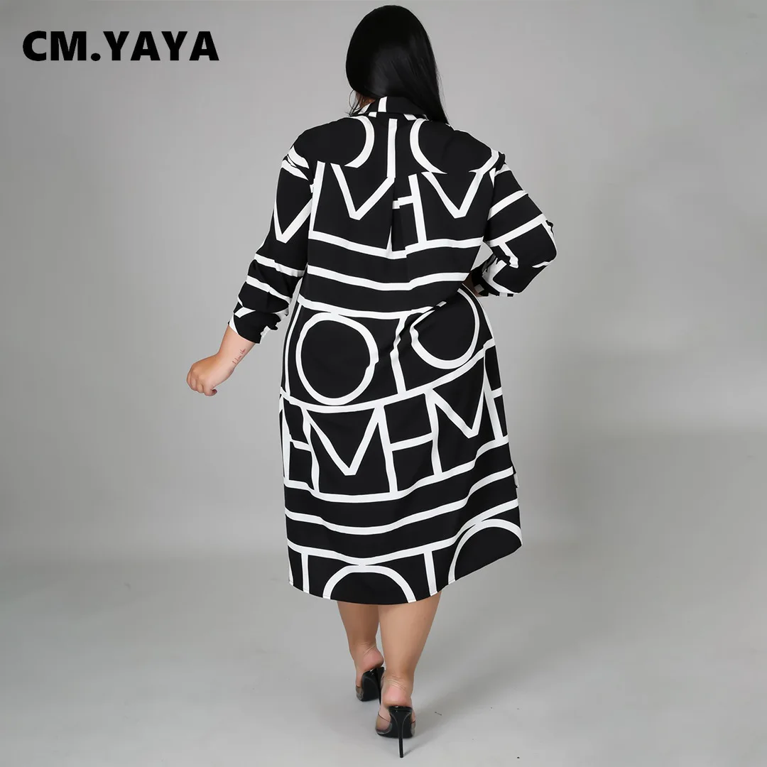 CM.YAYA Women Plus Size Dress Print Full Sleeve Single Breasted Loose Straight Knee Length Dresses Fashion Casual Outfit Summer