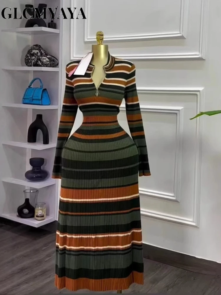 GLCMYAYA Women Striped Long Sleeve V-neck Maxi Long Dress 2025 Autumn Winter Street Casual Birthday Sexy Party Evening Dresses