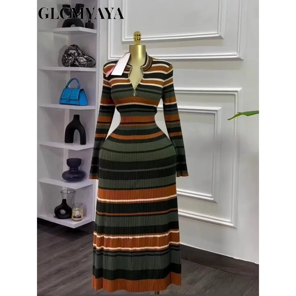 GLCMYAYA Women Striped Long Sleeve V-neck Maxi Long Dress 2025 Autumn Winter Street Casual Birthday Sexy Party Evening Dresses