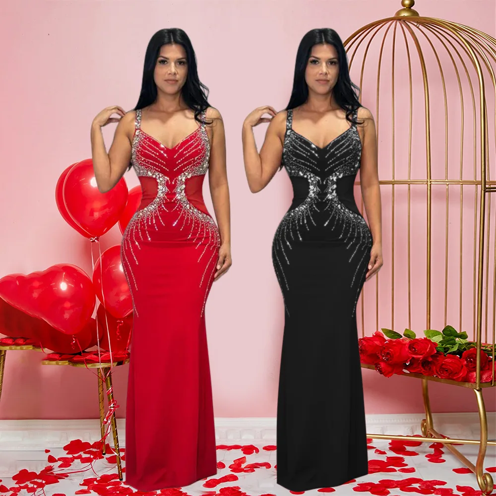 CM.YAYA Fall Diamonds Hot Rhinestones V-neck Women Strap Sleeveless Bodycon Long Dress Birthday Party Evening Prom Maxi Dresses