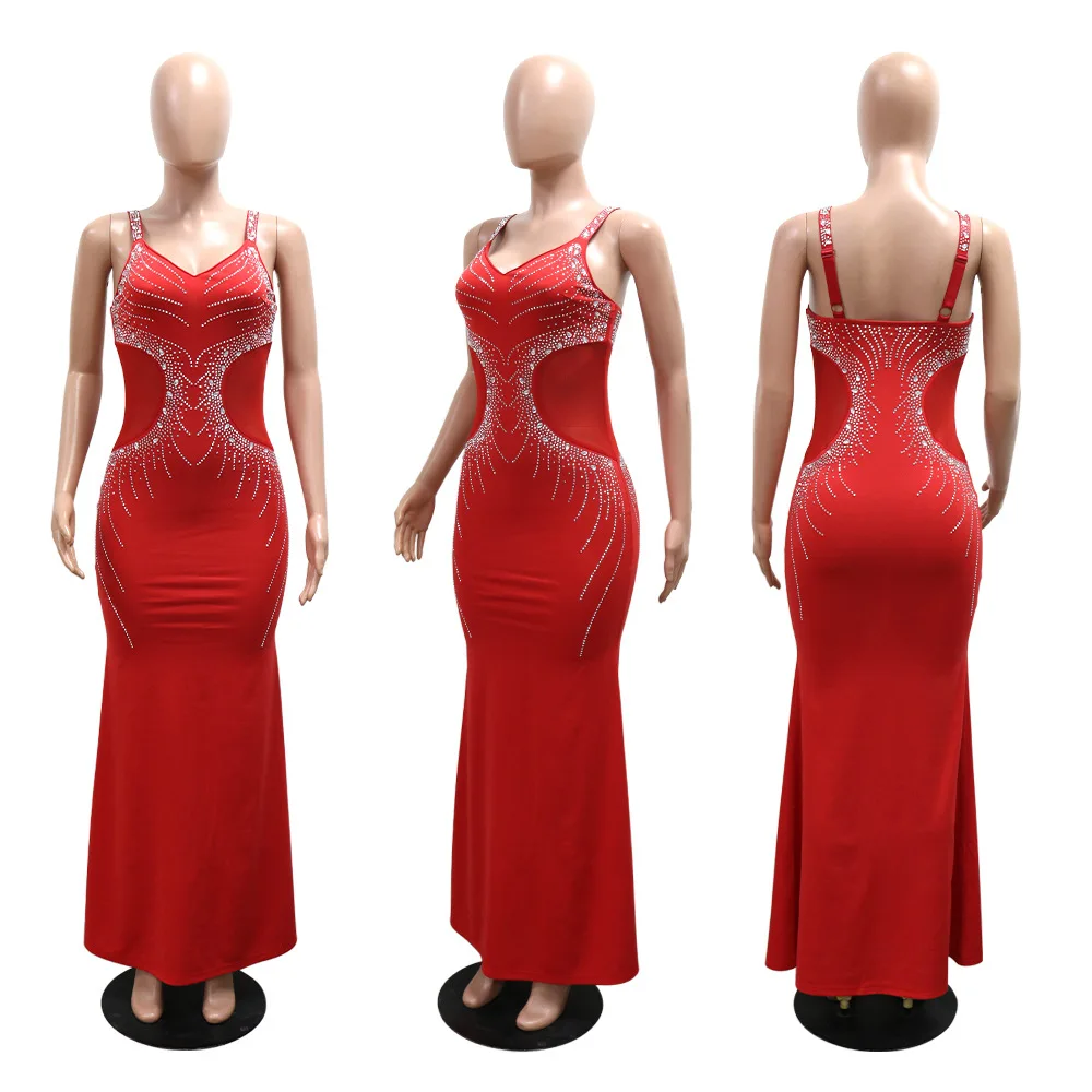 CM.YAYA Fall Diamonds Hot Rhinestones V-neck Women Strap Sleeveless Bodycon Long Dress Birthday Party Evening Prom Maxi Dresses