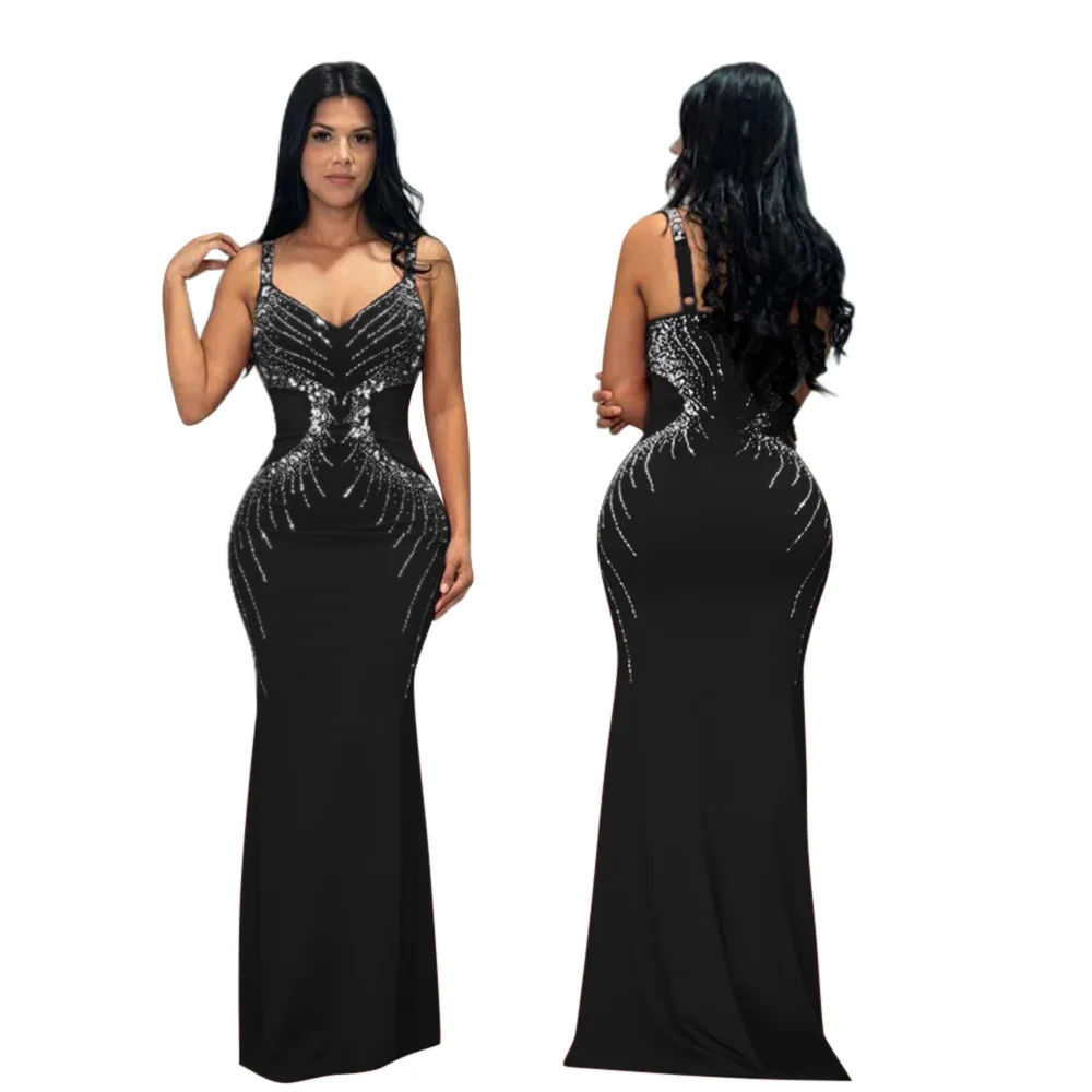 CM.YAYA Fall Diamonds Hot Rhinestones V-neck Women Strap Sleeveless Bodycon Long Dress Birthday Party Evening Prom Maxi Dresses