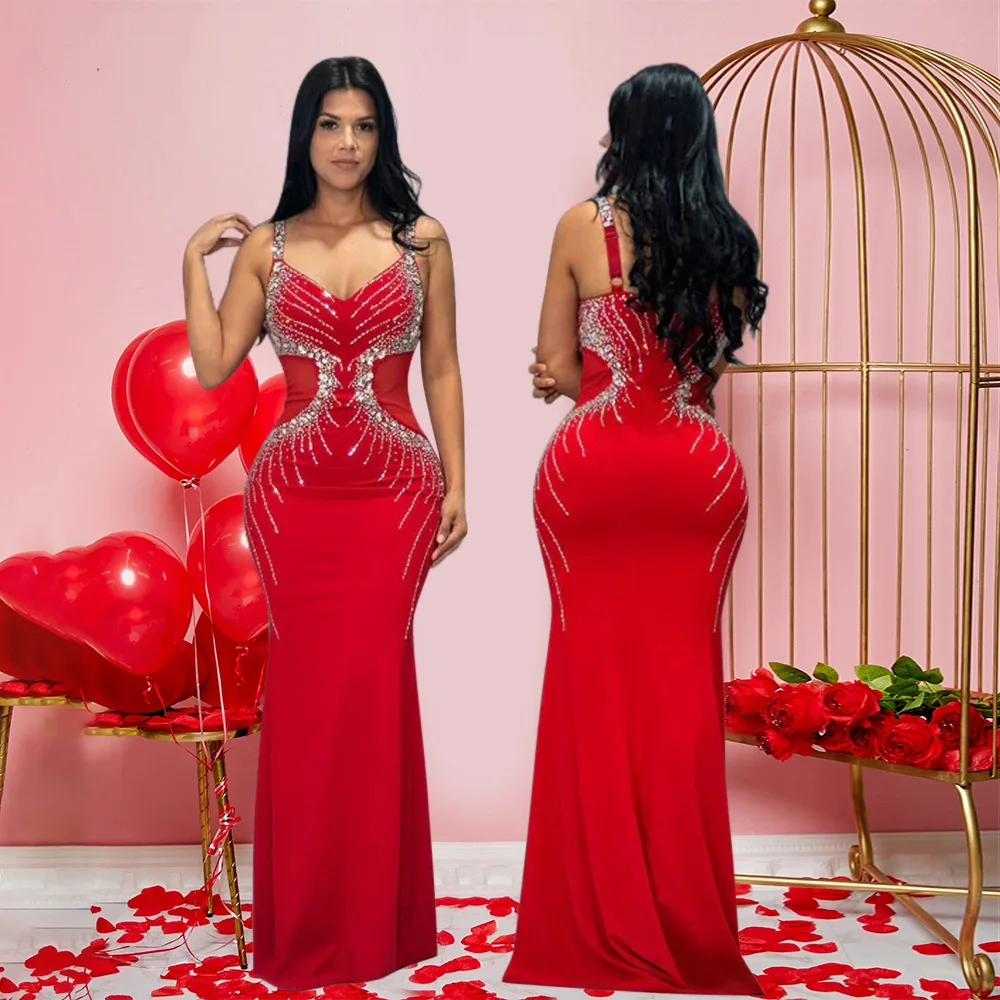 CM.YAYA Fall Diamonds Hot Rhinestones V-neck Women Strap Sleeveless Bodycon Long Dress Birthday Party Evening Prom Maxi Dresses