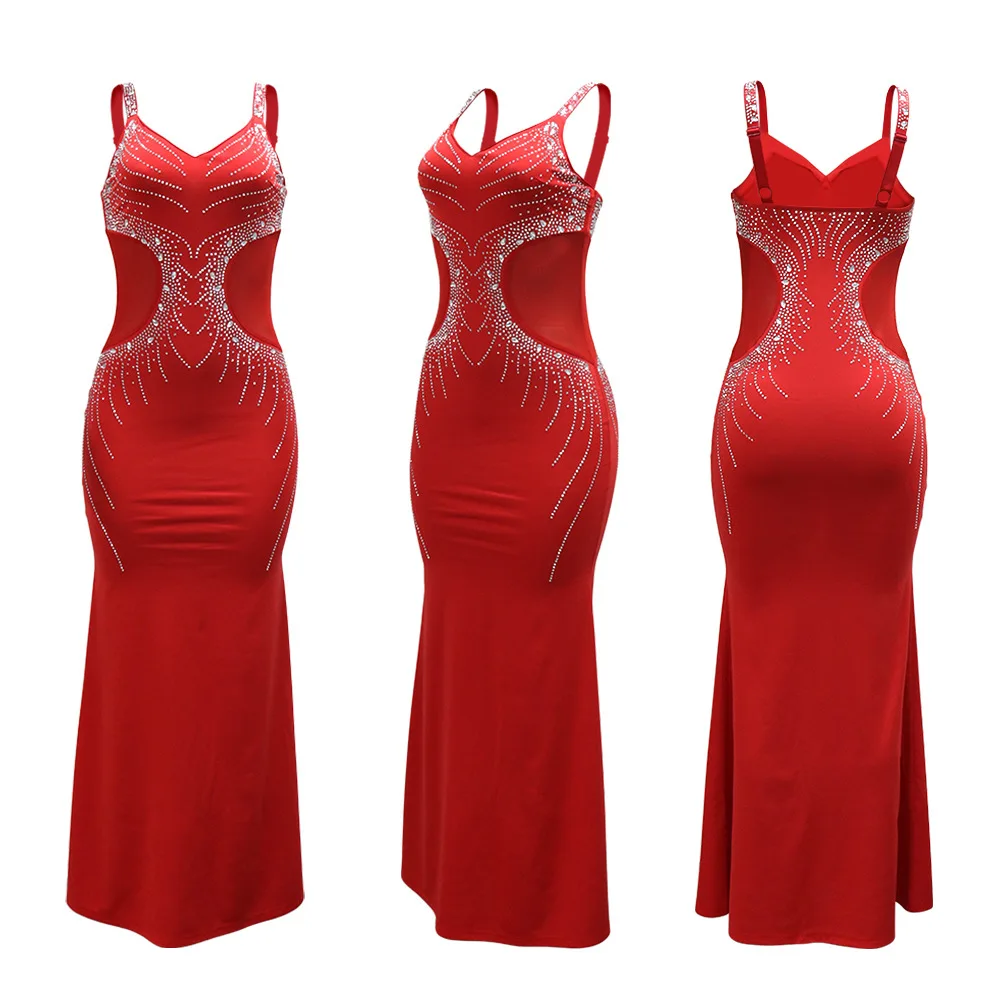 CM.YAYA Fall Diamonds Hot Rhinestones V-neck Women Strap Sleeveless Bodycon Long Dress Birthday Party Evening Prom Maxi Dresses