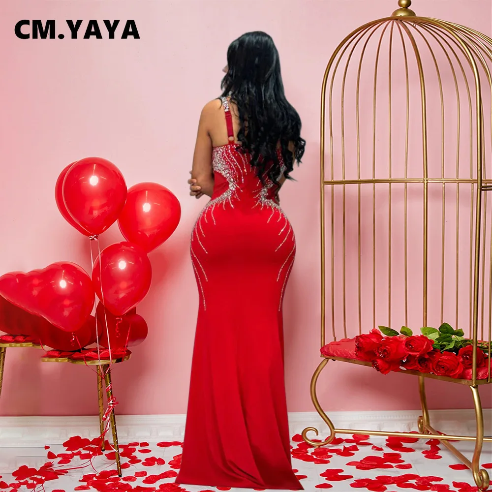 CM.YAYA Fall Diamonds Hot Rhinestones V-neck Women Strap Sleeveless Bodycon Long Dress Birthday Party Evening Prom Maxi Dresses