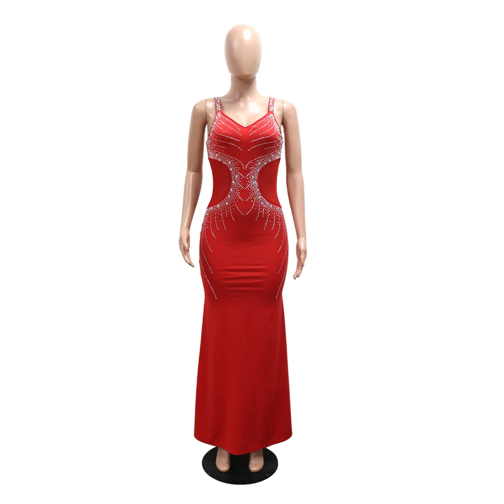 CM.YAYA Fall Diamonds Hot Rhinestones V-neck Women Strap Sleeveless Bodycon Long Dress Birthday Party Evening Prom Maxi Dresses