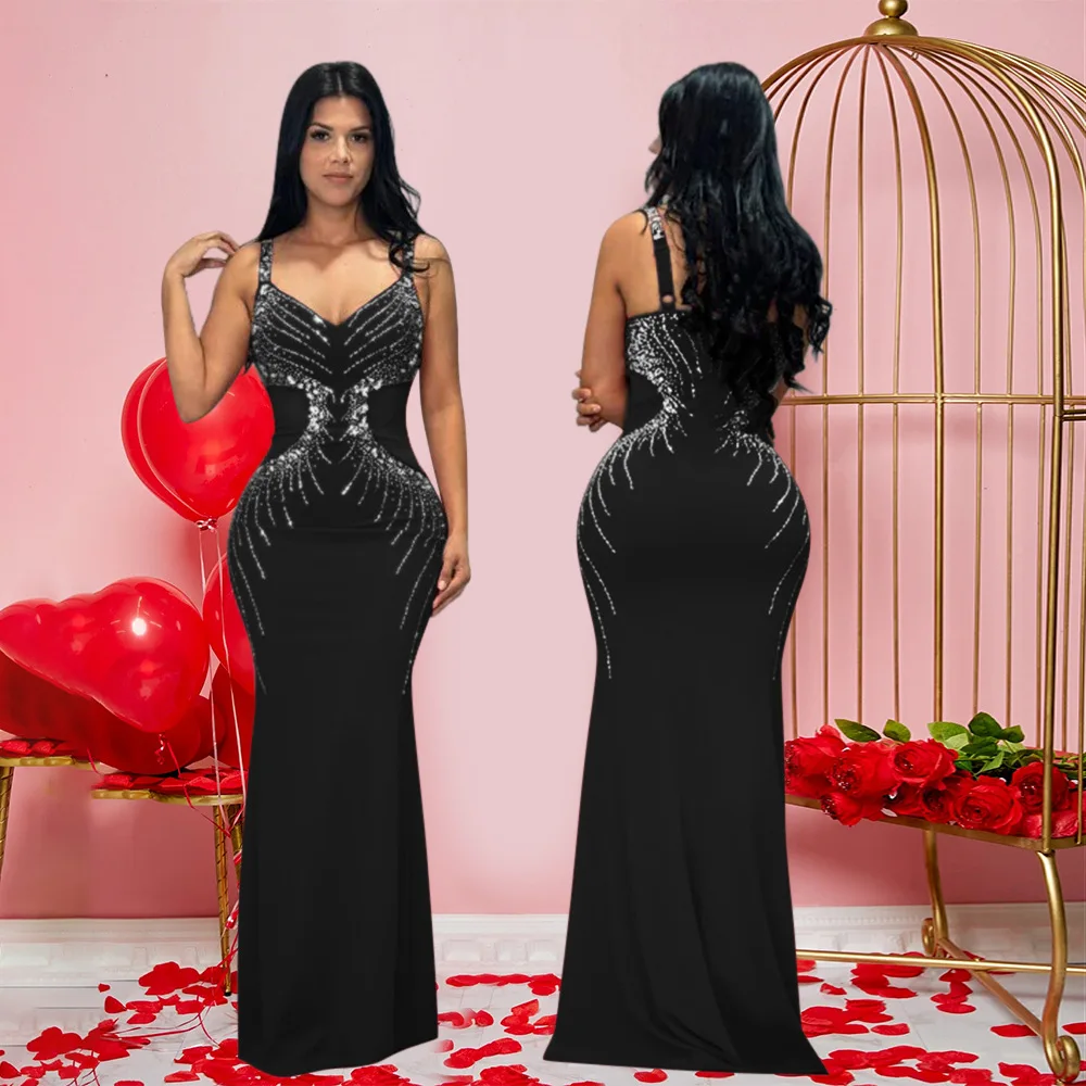 CM.YAYA Fall Diamonds Hot Rhinestones V-neck Women Strap Sleeveless Bodycon Long Dress Birthday Party Evening Prom Maxi Dresses