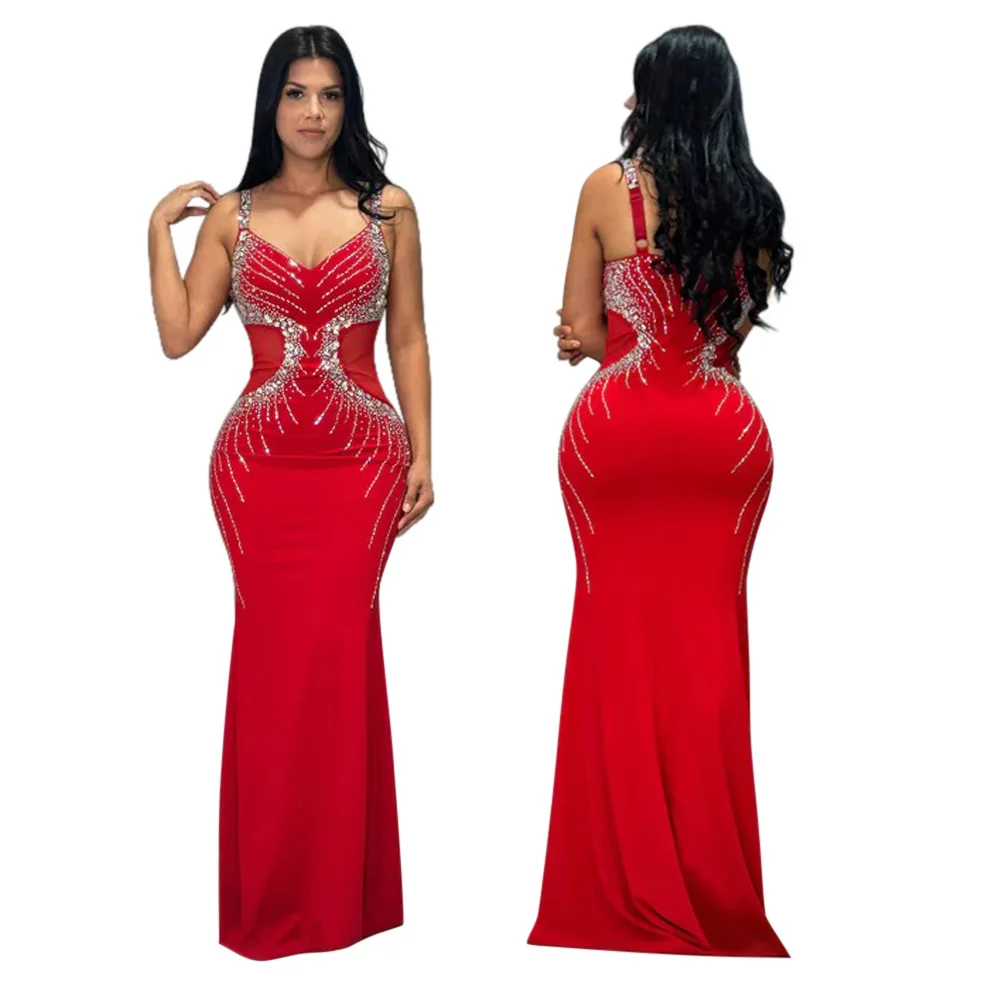 CM.YAYA Fall Diamonds Hot Rhinestones V-neck Women Strap Sleeveless Bodycon Long Dress Birthday Party Evening Prom Maxi Dresses