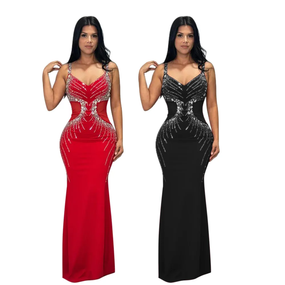 CM.YAYA Fall Diamonds Hot Rhinestones V-neck Women Strap Sleeveless Bodycon Long Dress Birthday Party Evening Prom Maxi Dresses