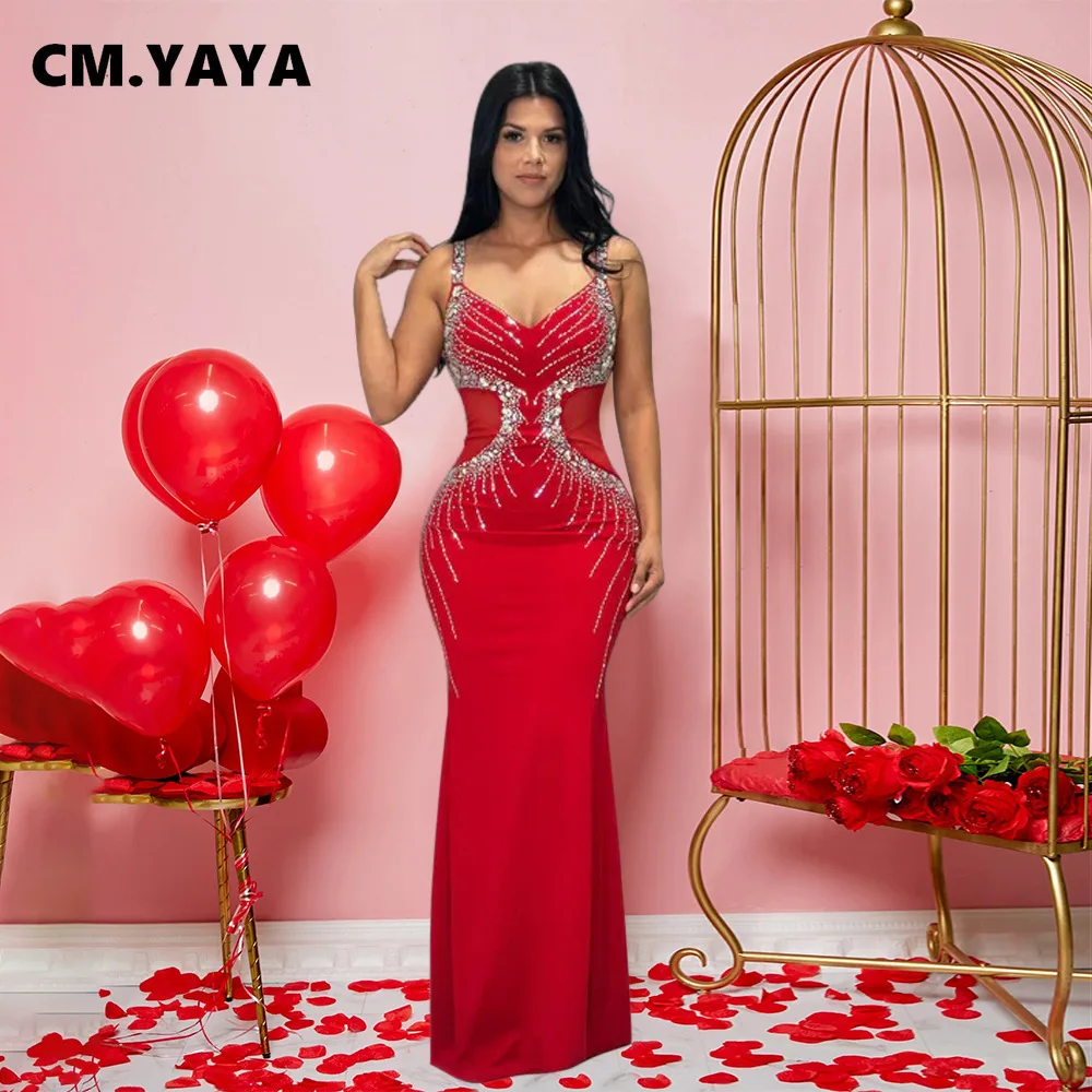 CM.YAYA Fall Diamonds Hot Rhinestones V-neck Women Strap Sleeveless Bodycon Long Dress Birthday Party Evening Prom Maxi Dresses