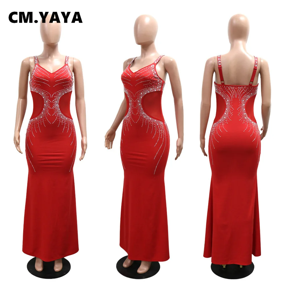 CM.YAYA Fall Diamonds Hot Rhinestones V-neck Women Strap Sleeveless Bodycon Long Dress Birthday Party Evening Prom Maxi Dresses