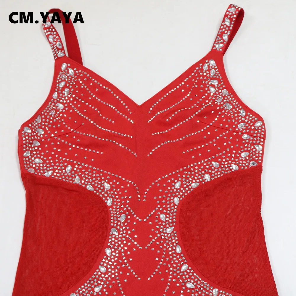 CM.YAYA Fall Diamonds Hot Rhinestones V-neck Women Strap Sleeveless Bodycon Long Dress Birthday Party Evening Prom Maxi Dresses