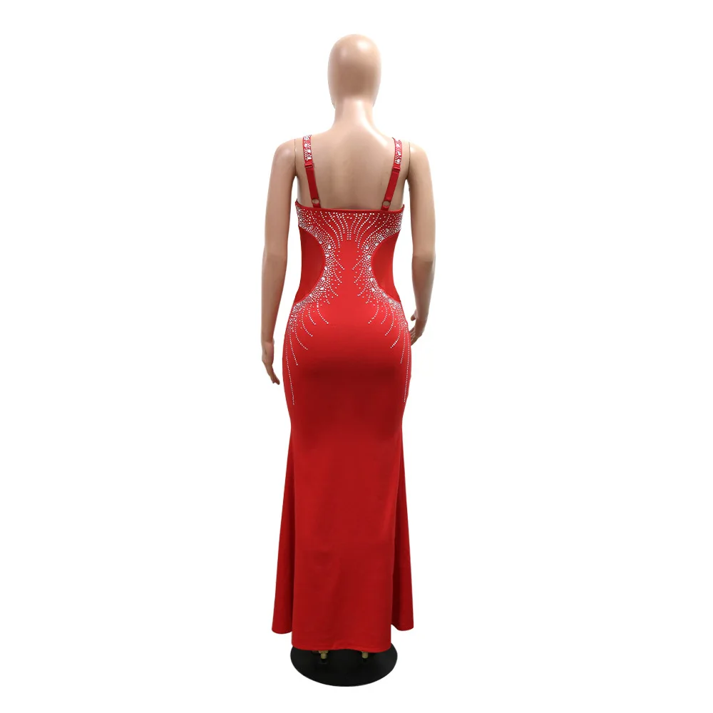CM.YAYA Fall Diamonds Hot Rhinestones V-neck Women Strap Sleeveless Bodycon Long Dress Birthday Party Evening Prom Maxi Dresses