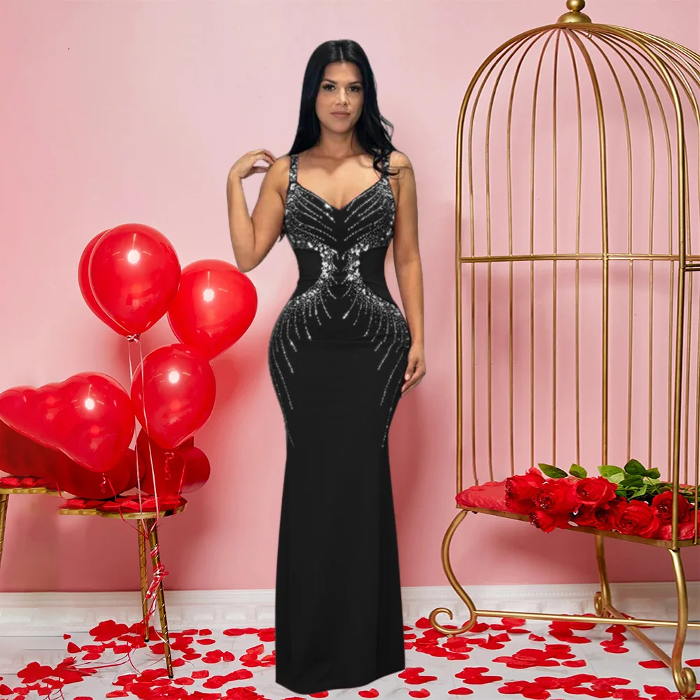 CM.YAYA Fall Diamonds Hot Rhinestones V-neck Women Strap Sleeveless Bodycon Long Dress Birthday Party Evening Prom Maxi Dresses