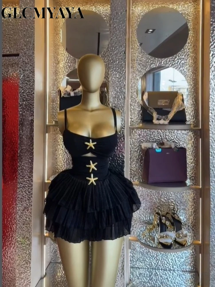 CM.YAYA Women's Sleeveless Strap Cutout Fishstar Ruffles A-line Dress 2026 Street Education Party Cocktail Night Out Dresses