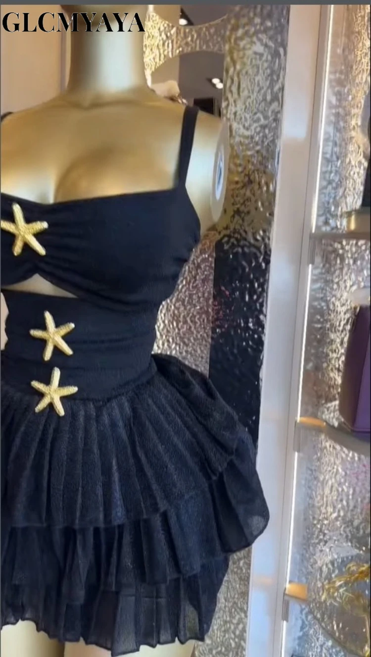 CM.YAYA Women's Sleeveless Strap Cutout Fishstar Ruffles A-line Dress 2026 Street Education Party Cocktail Night Out Dresses