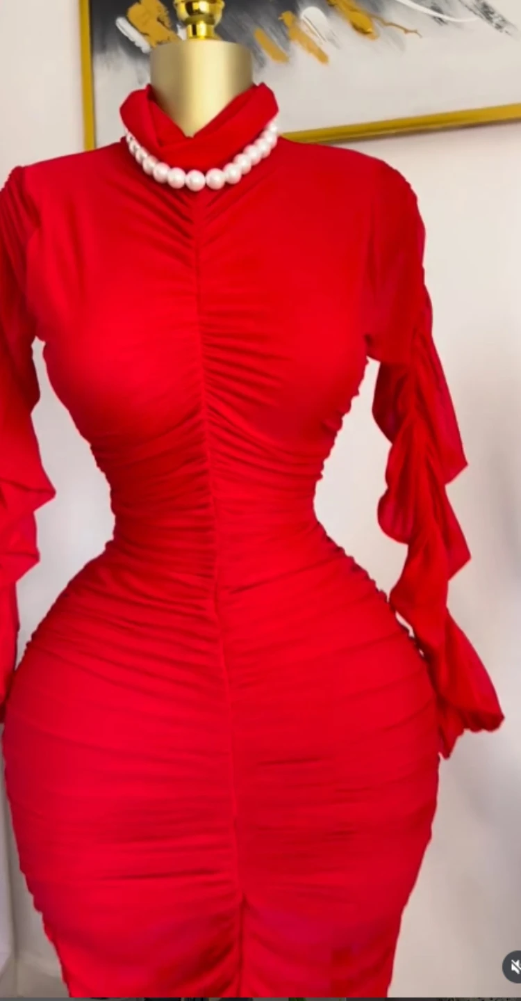 GLCMYAYA Women Mesh Stacked Ruched Long Sleeve Stand Collar Bodycon Midi Maxi Dresses Party Trendy Bodycon Long Dress Vestidos