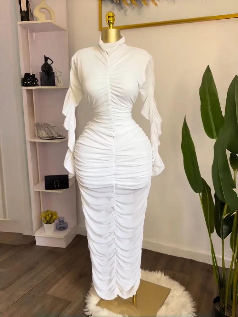 GLCMYAYA Women Mesh Stacked Ruched Long Sleeve Stand Collar Bodycon Midi Maxi Dresses Party Trendy Bodycon Long Dress Vestidos GLCMYAYA Women Mesh Stacked Ruched Long Sleeve Stand Collar Bodycon Midi Maxi Dresses Party Trendy Bodycon Long Dress Vestidos