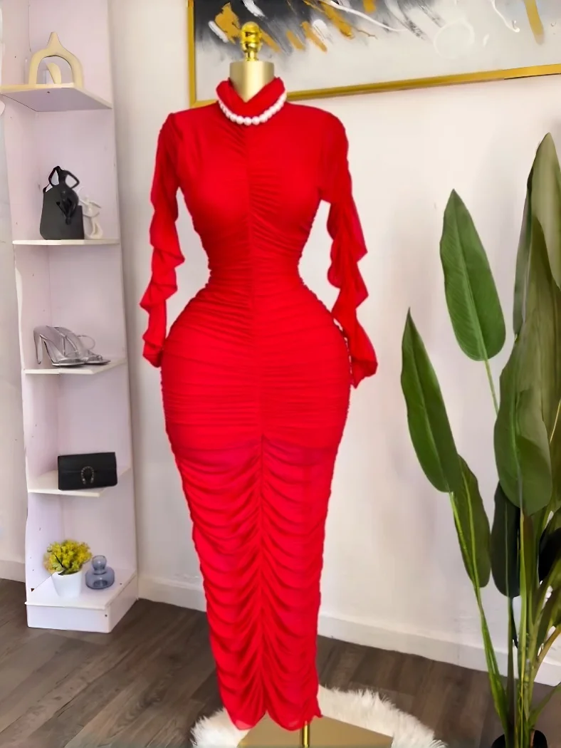 GLCMYAYA Women Mesh Stacked Ruched Long Sleeve Stand Collar Bodycon Midi Maxi Dresses Party Trendy Bodycon Long Dress Vestidos GLCMYAYA Women Mesh Stacked Ruched Long Sleeve Stand Collar Bodycon Midi Maxi Dresses Party Trendy Bodycon Long Dress Vestidos