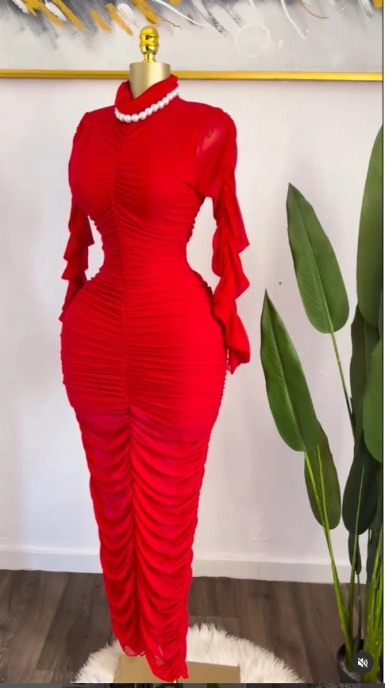 GLCMYAYA Women Mesh Stacked Ruched Long Sleeve Stand Collar Bodycon Midi Maxi Dresses Party Trendy Bodycon Long Dress Vestidos