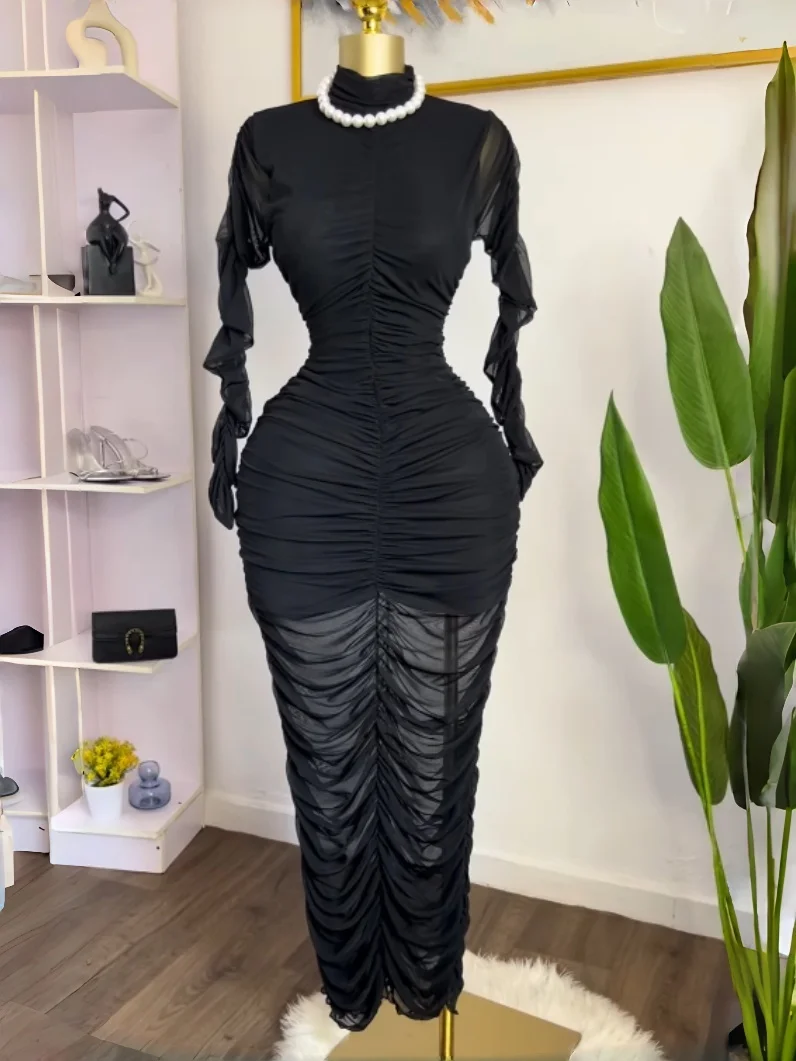 GLCMYAYA Women Mesh Stacked Ruched Long Sleeve Stand Collar Bodycon Midi Maxi Dresses Party Trendy Bodycon Long Dress Vestidos