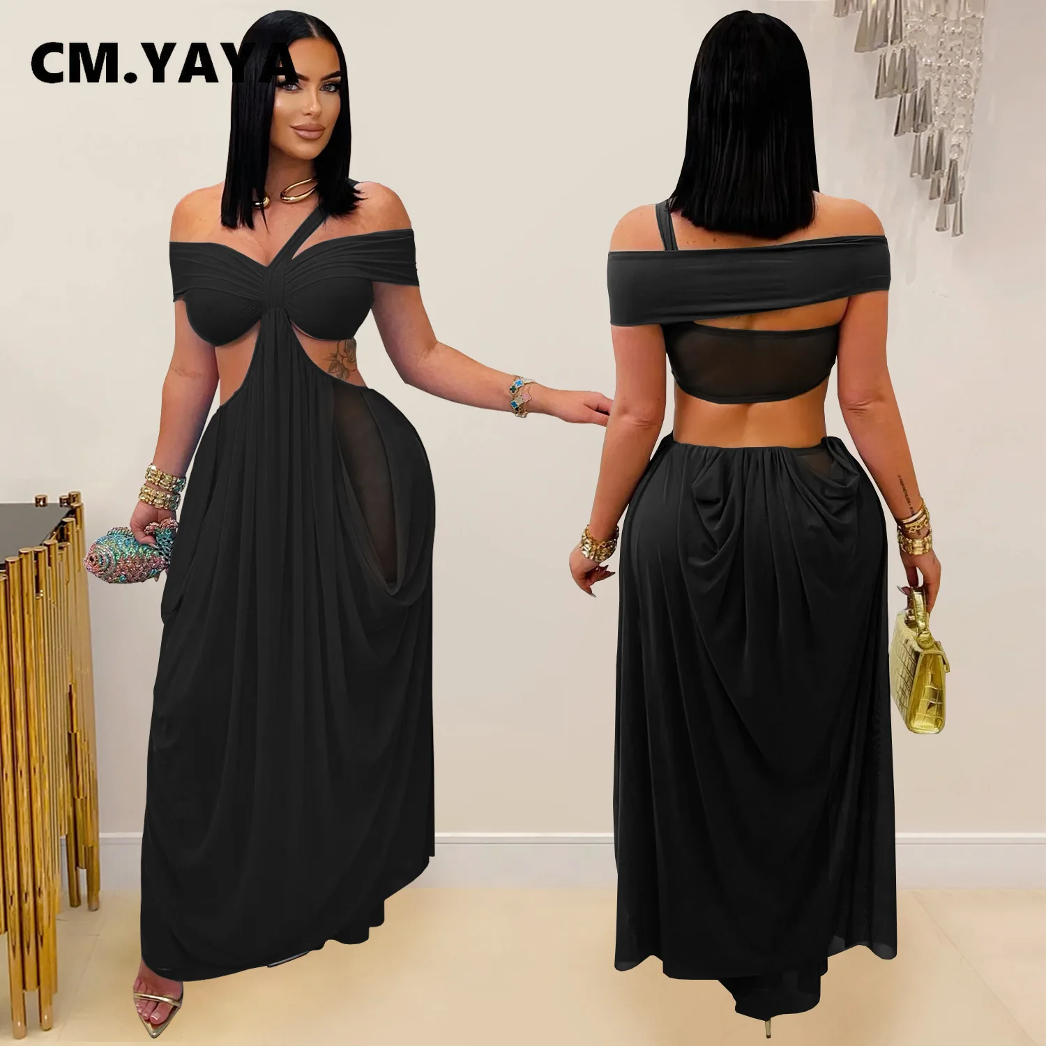 GLCMYAYA Women Off Shoulder Strap Short Sleeve Cutout Ruched Stacked Maxi Long Dress 2025 Summer Vacation Holiday Party Dresses