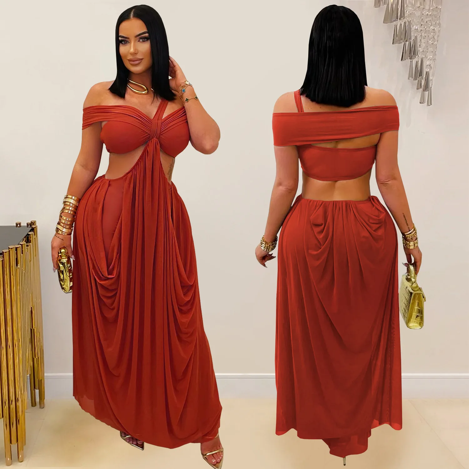 GLCMYAYA Women Off Shoulder Strap Short Sleeve Cutout Ruched Stacked Maxi Long Dress 2025 Summer Vacation Holiday Party Dresses