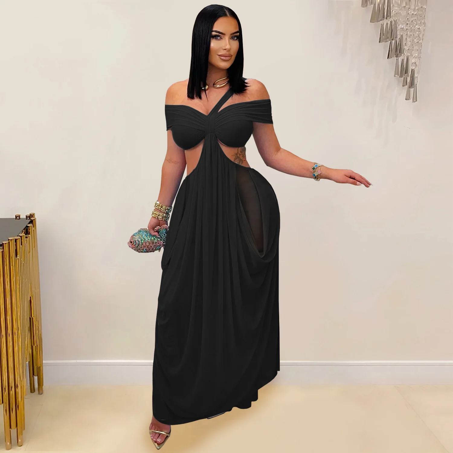 GLCMYAYA Women Off Shoulder Strap Short Sleeve Cutout Ruched Stacked Maxi Long Dress 2025 Summer Vacation Holiday Party Dresses GLCMYAYA Women Off Shoulder Strap Short Sleeve Cutout Ruched Stacked Maxi Long Dress 2025 Summer Vacation Holiday Party Dresses