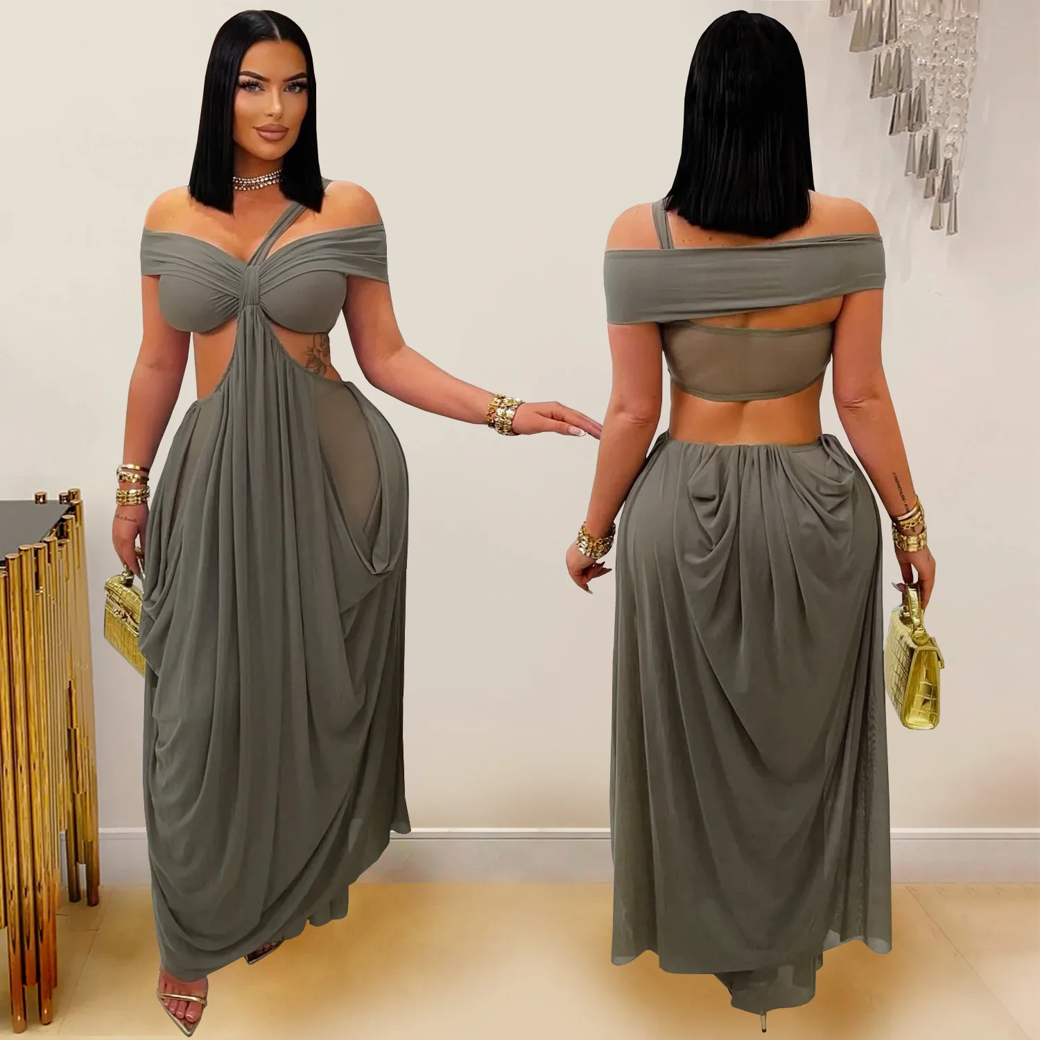 GLCMYAYA Women Off Shoulder Strap Short Sleeve Cutout Ruched Stacked Maxi Long Dress 2025 Summer Vacation Holiday Party Dresses