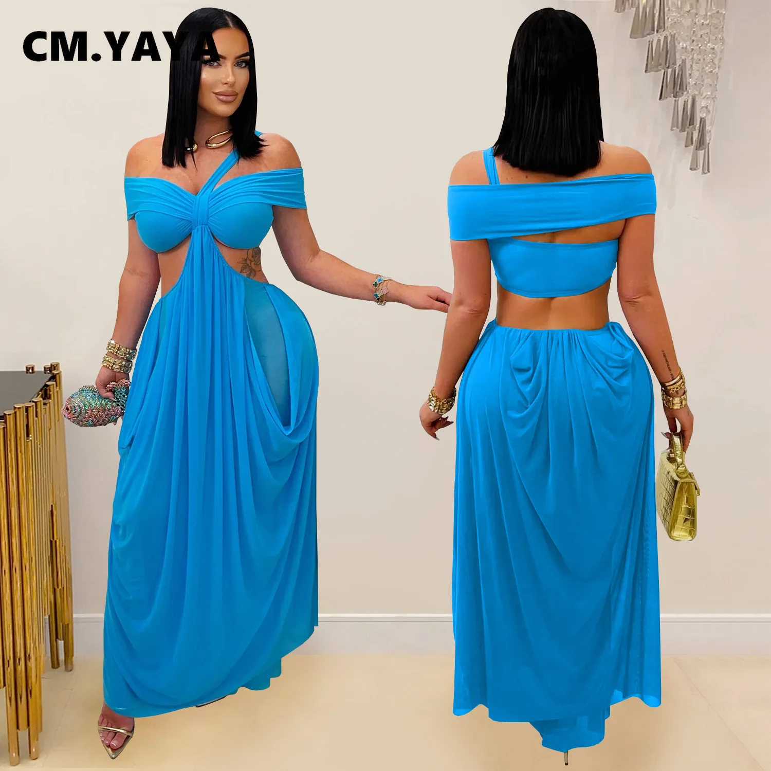 GLCMYAYA Women Off Shoulder Strap Short Sleeve Cutout Ruched Stacked Maxi Long Dress 2025 Summer Vacation Holiday Party Dresses