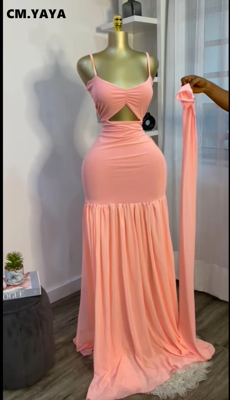CM.YAYA Women Sleeveless Strap Ruched V-neck Pleated Side Split A-line Midi Maxi Long Dress 2025 Birthday Sexy Party Dresses CM.YAYA Women Sleeveless Strap Ruched V-neck Pleated Side Split A-line Midi Maxi Long Dress 2025 Birthday Sexy Party Dresses