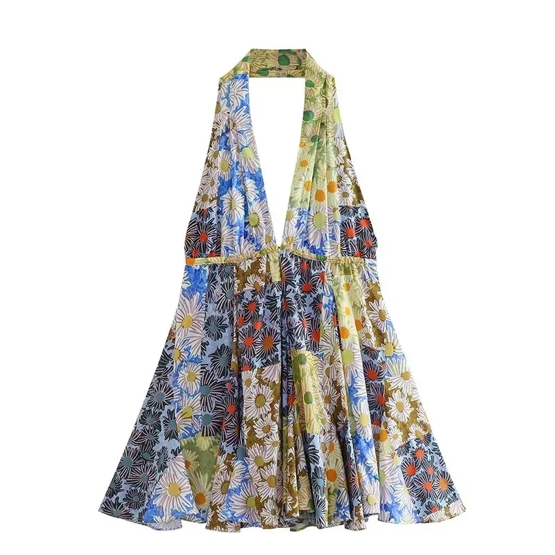 CM.YAYA Women Sleeveless Floral Printed Halter V-neck Backless Big Swing Smock Dress 2025 Birthday Summer Party Dresses Vestidos