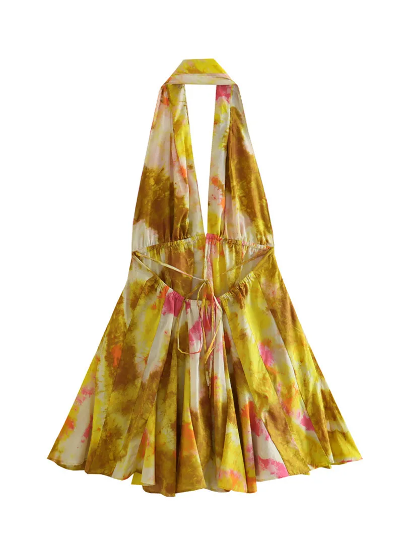 CM.YAYA Women Sleeveless Floral Printed Halter V-neck Backless Big Swing Smock Dress 2025 Birthday Summer Party Dresses Vestidos