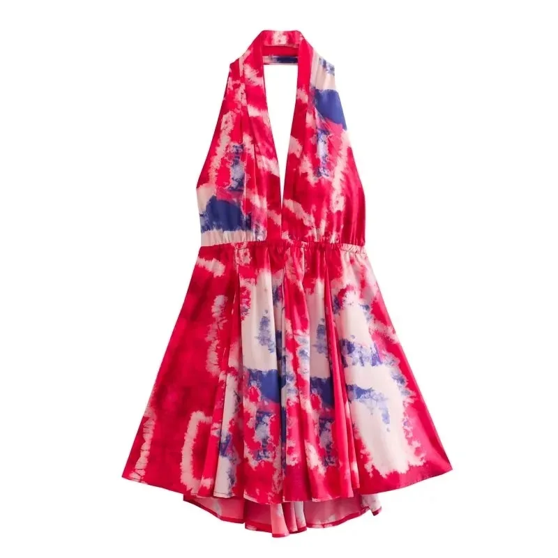 CM.YAYA Women Sleeveless Floral Printed Halter V-neck Backless Big Swing Smock Dress 2025 Birthday Summer Party Dresses Vestidos