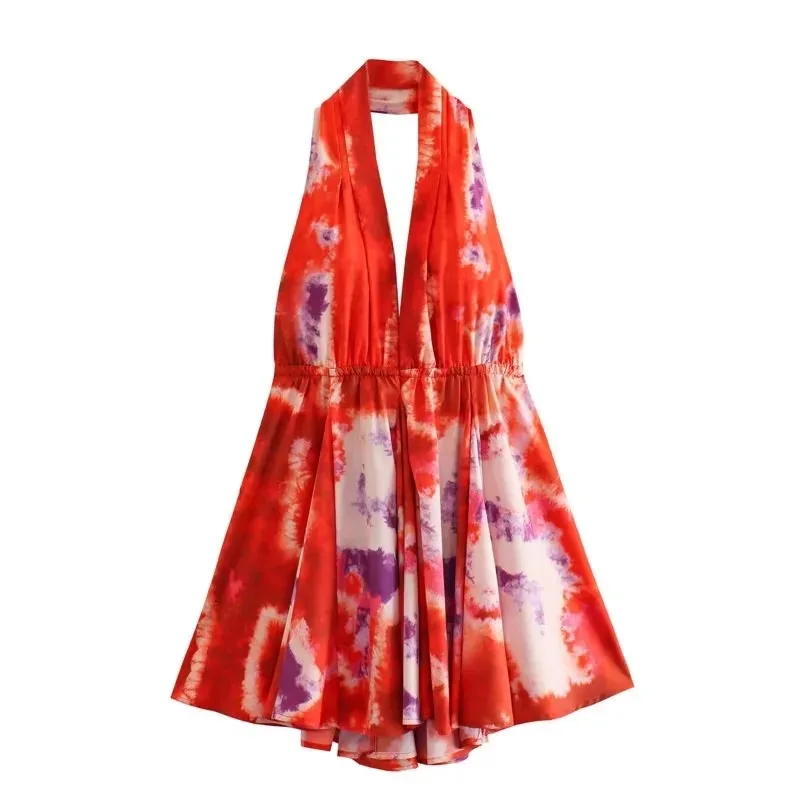 CM.YAYA Women Sleeveless Floral Printed Halter V-neck Backless Big Swing Smock Dress 2025 Birthday Summer Party Dresses Vestidos