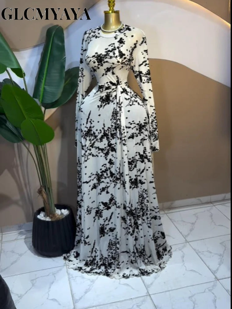 GLCMYAYA Women Floral Flocking O-neck Drap Waist Maxi Long A-line Dress 2026 Elegant Romantic Vacation Party Birthday Dresses