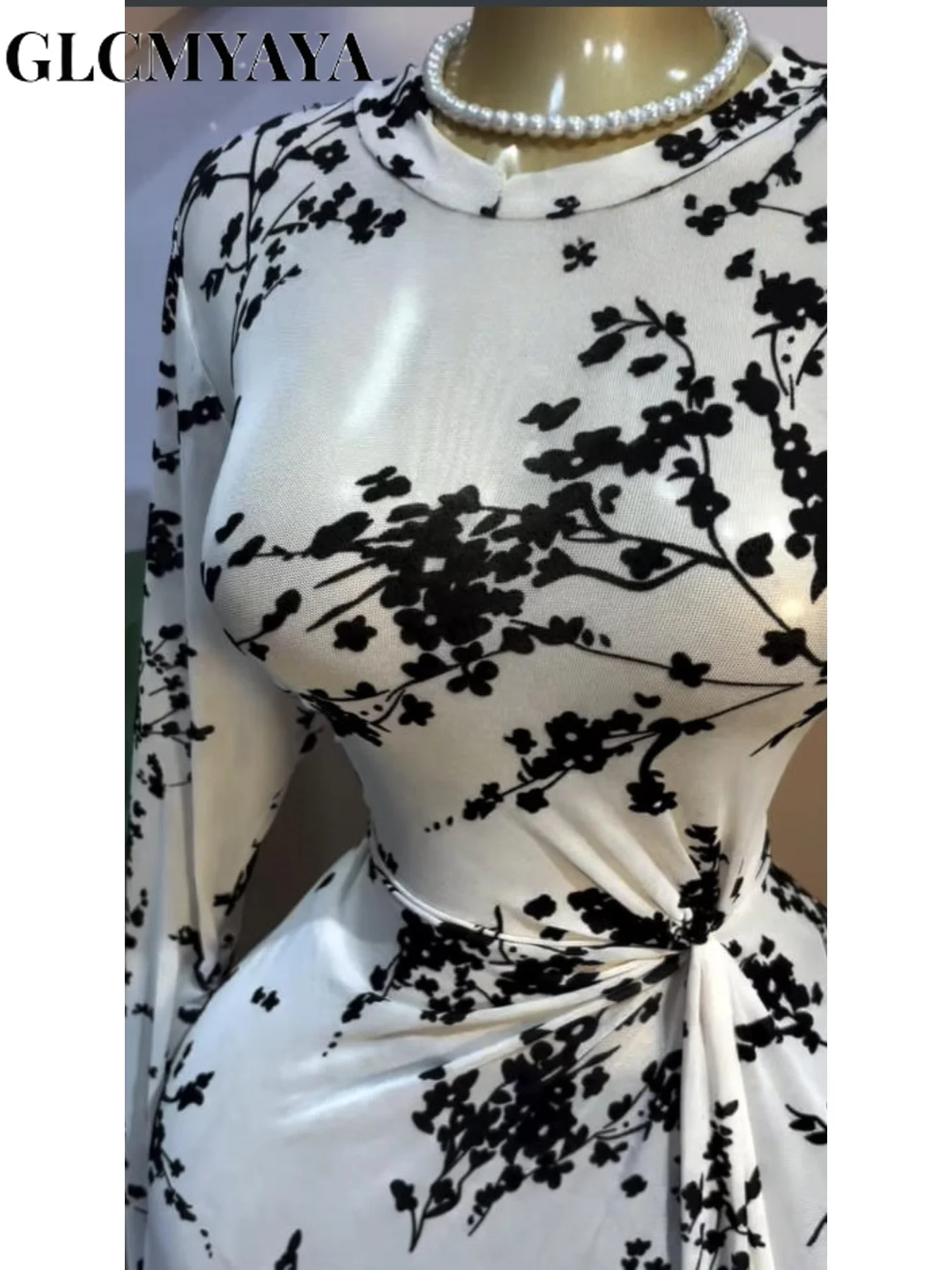 GLCMYAYA Women Floral Flocking O-neck Drap Waist Maxi Long A-line Dress 2026 Elegant Romantic Vacation Party Birthday Dresses