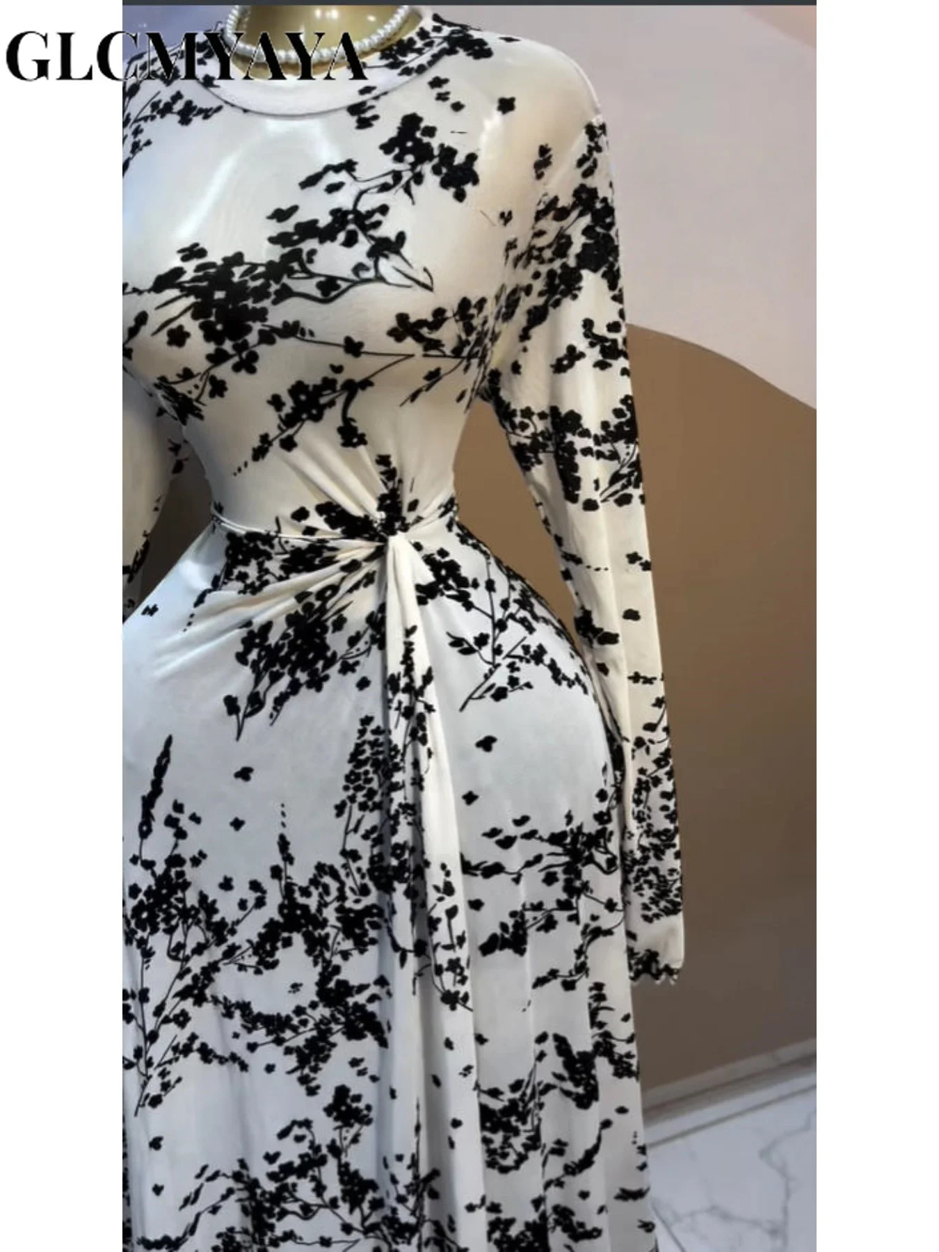 GLCMYAYA Women Floral Flocking O-neck Drap Waist Maxi Long A-line Dress 2026 Elegant Romantic Vacation Party Birthday Dresses