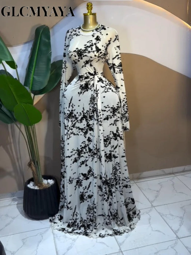 GLCMYAYA Women Floral Flocking O-neck Drap Waist Maxi Long A-line Dress 2026 Elegant Romantic Vacation Party Birthday Dresses