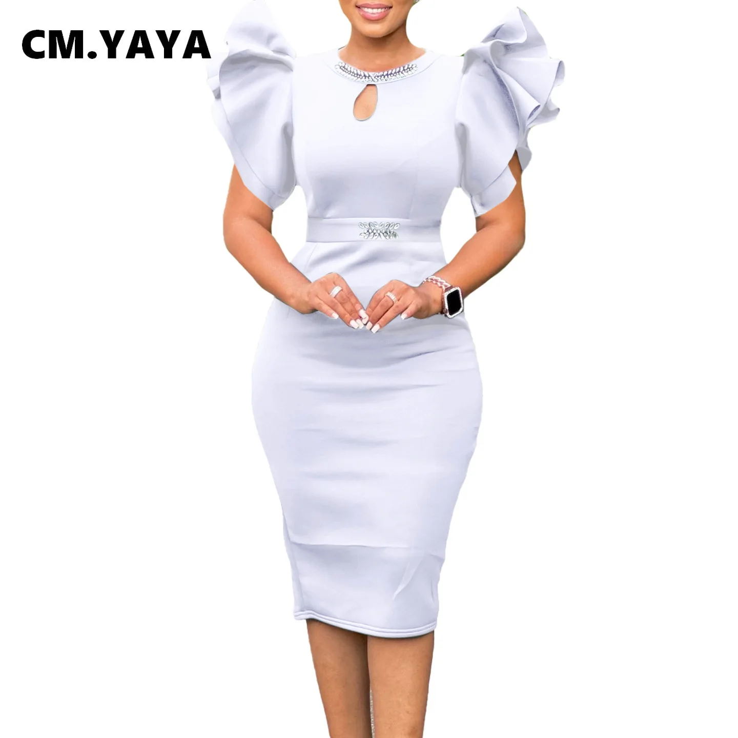 CM.YAYA Women Ruffles Short Sleeve O-neck Rhinestone Midi Dress 2025 Summer Africa OL Work Evening Sexy Party Dresses Vestidos