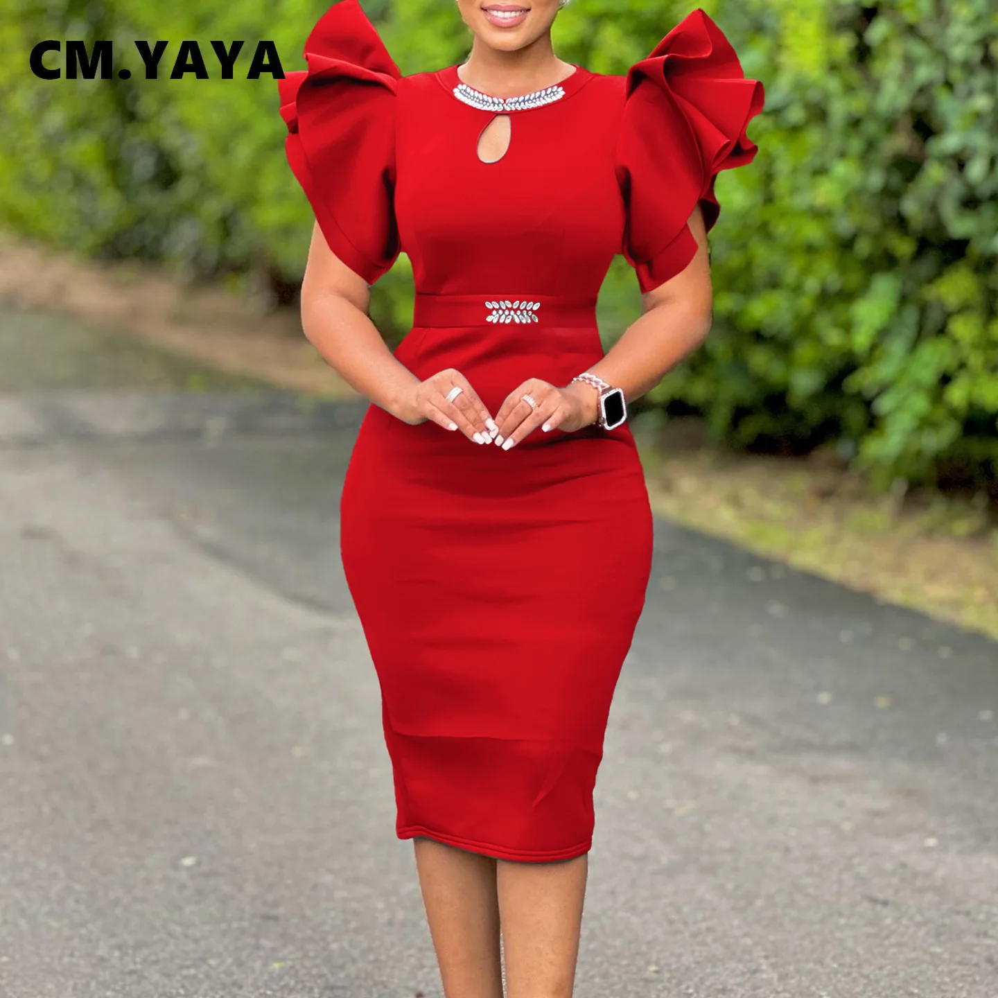 CM.YAYA Women Ruffles Short Sleeve O-neck Rhinestone Midi Dress 2025 Summer Africa OL Work Evening Sexy Party Dresses Vestidos