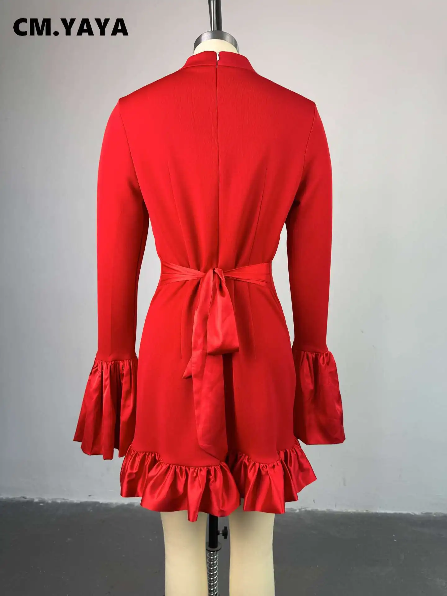 CM.YAYA Women O-neck Long Flare Sleeve Ruffles Mini Dress 2025 Spring Sweet Sexy Birthday Evening Night Party Vestidos Dresses