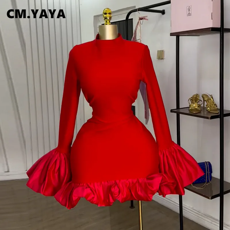CM.YAYA Women O-neck Long Flare Sleeve Ruffles Mini Dress 2025 Spring Sweet Sexy Birthday Evening Night Party Vestidos Dresses
